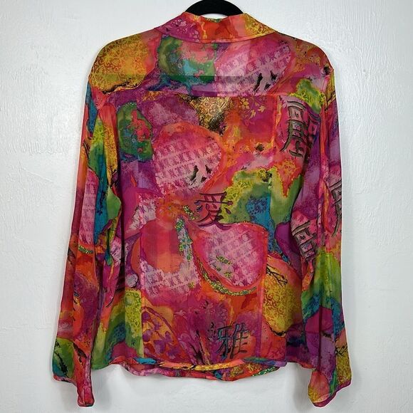 Chico's Silk Vibrant Abstract Print Button Down Shirt Size XL - Picture 4 of 9